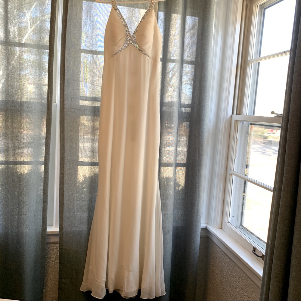 White and sequin ruffle formal dress